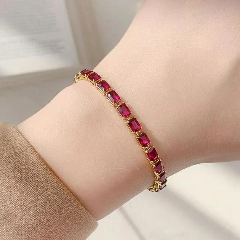 Genuine Red Ruby Gemstone Silver Tennis Bracelet, AAA Ruby Gemstone 925 Sterling
