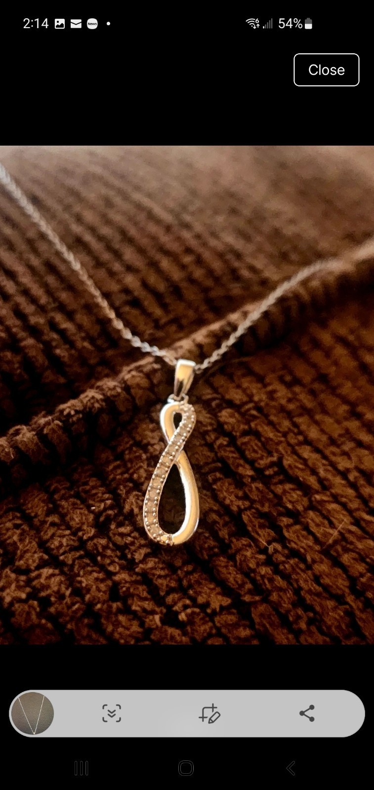 925 Sterling Silver Infinity Pendant Necklace w/ Diamond, Signed