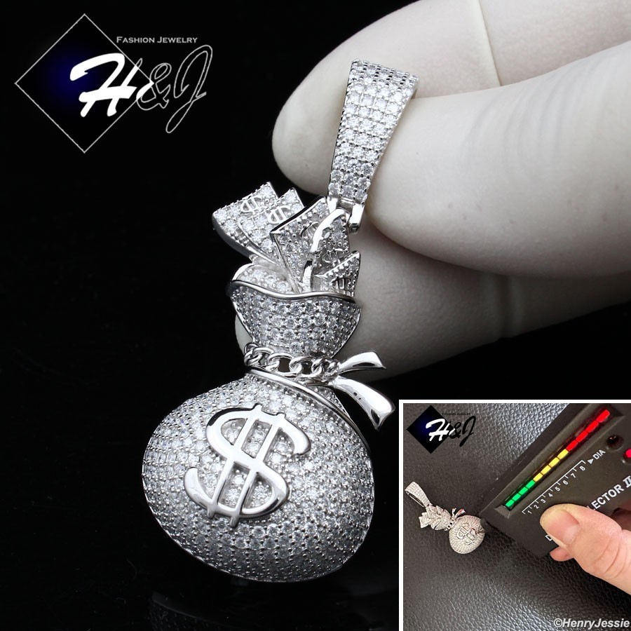 MEN SOLID 925 STERLING SILVER ICY MOISSANITE 3D $ SIGN MONEY BAG PENDANT*MP561