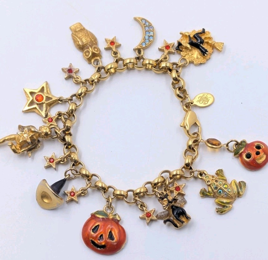 KIRKS FOLLY Halloween WITCH, HAT, PUMPKIN ,CAT Enamel Charm Goldtone Bracelet