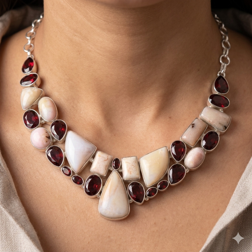 Natural Pink Opal Garnet 925 Silver Elegant Chain Handcrafted Necklace Jewelry