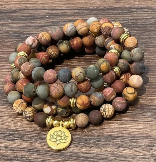 Vintage Red Creek Jasper Stone Bracelet Necklace 108 Beads Mala Jewelry Gifts