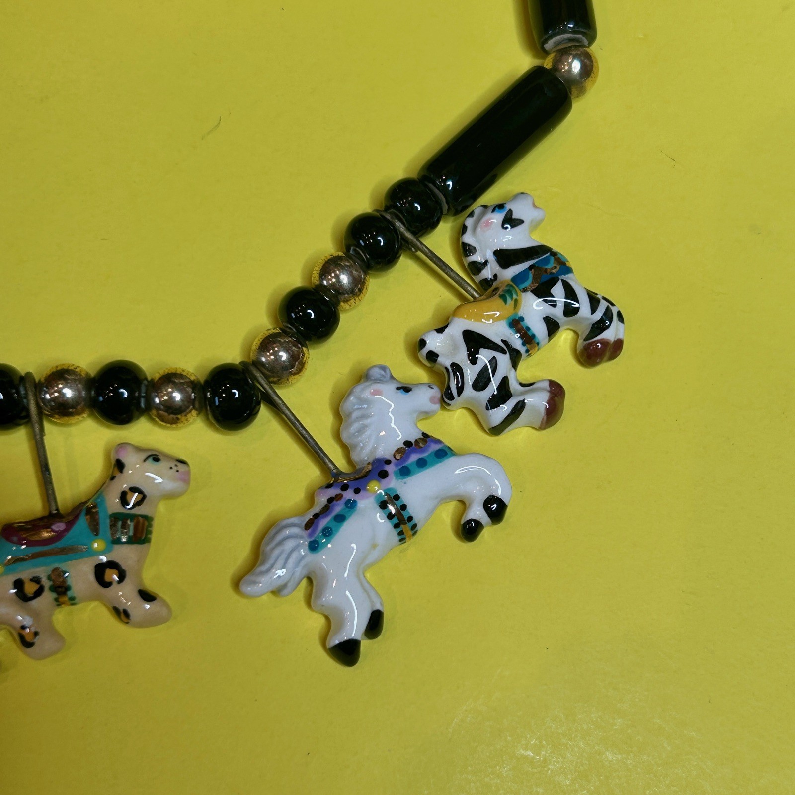 Vintage Ceramic “Flying Colors” Carousel Animals Necklace Horse Lion Zebra