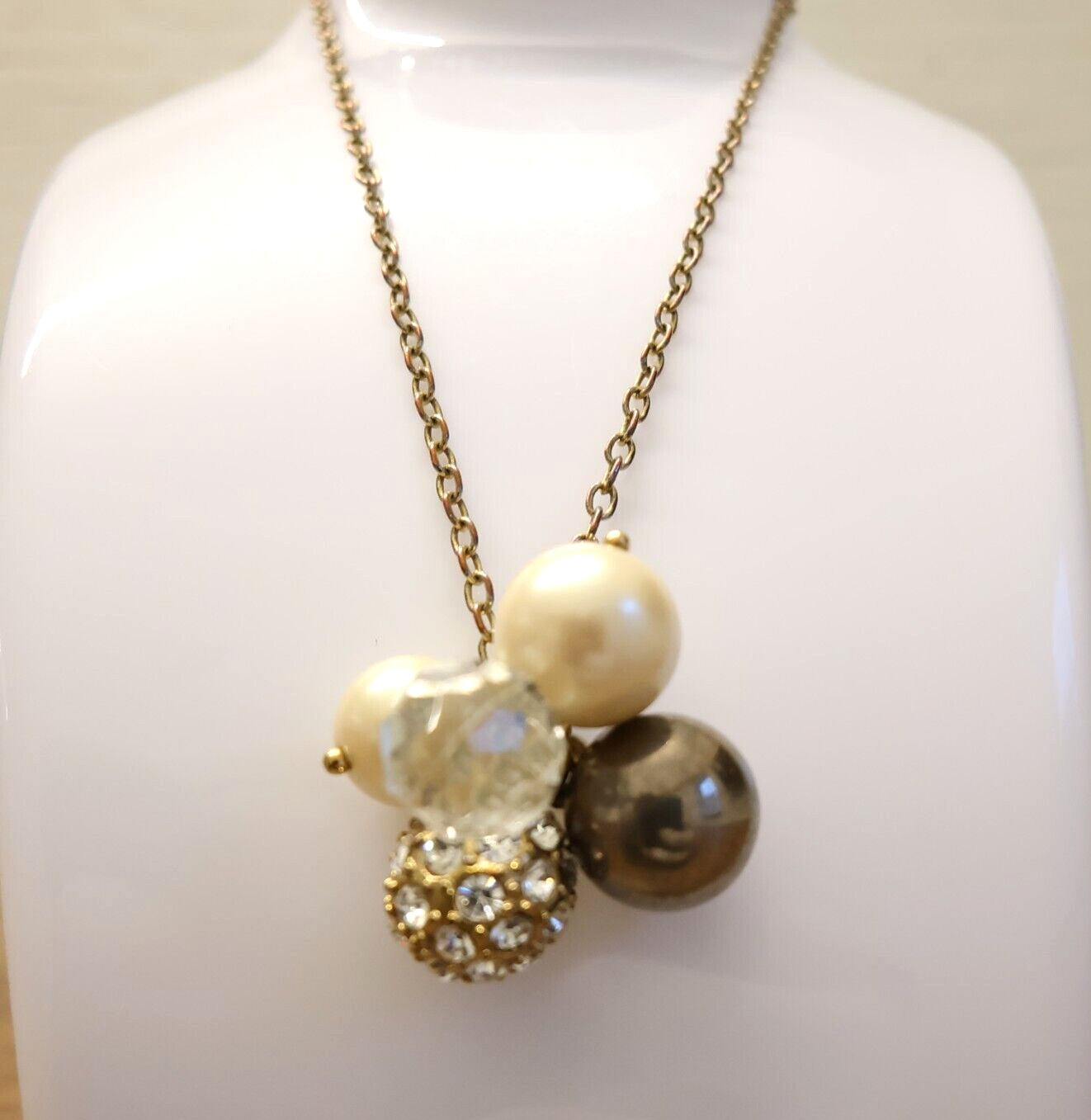 J.Crew necklace imitation pearl cluster clear faceted bead bronzetone adjustable