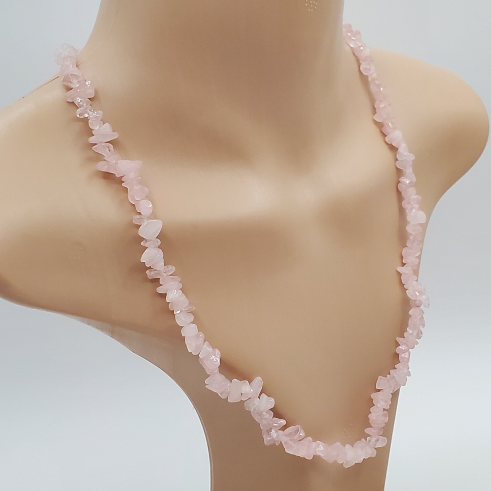 Rose Quartz Gemstone Chip Bead Necklace 23in Pale Pink Stones Magnetic Clasp VTG