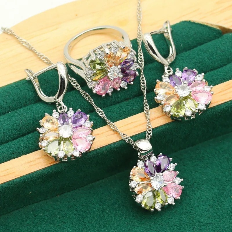925 Silver CZ Tourmaline Multi Ring Earrings Pendant Necklace Set White