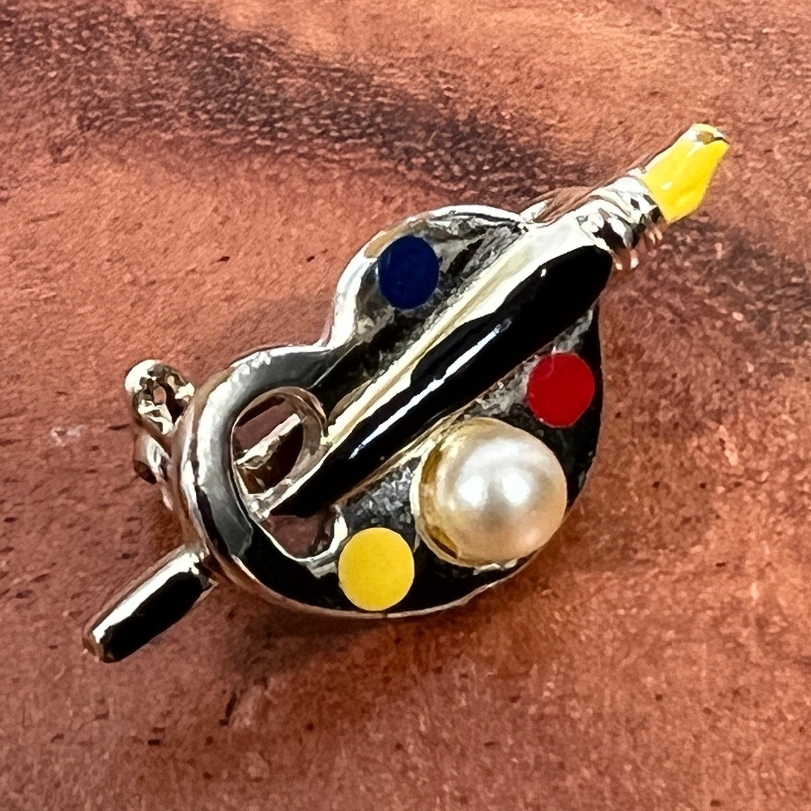Art Palette Paintbrush Pearl Brooch Pin Silver Tone Enamel Colorful Artist