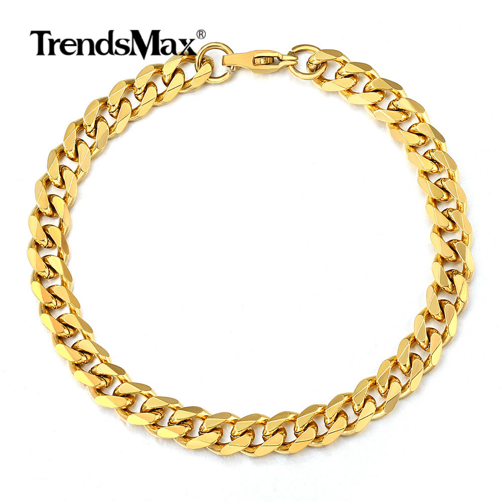 3/5/7/9/11mm 14K Gold Plated Stainless Steel Curb Cuban Chain Bracelet Men 7-11″