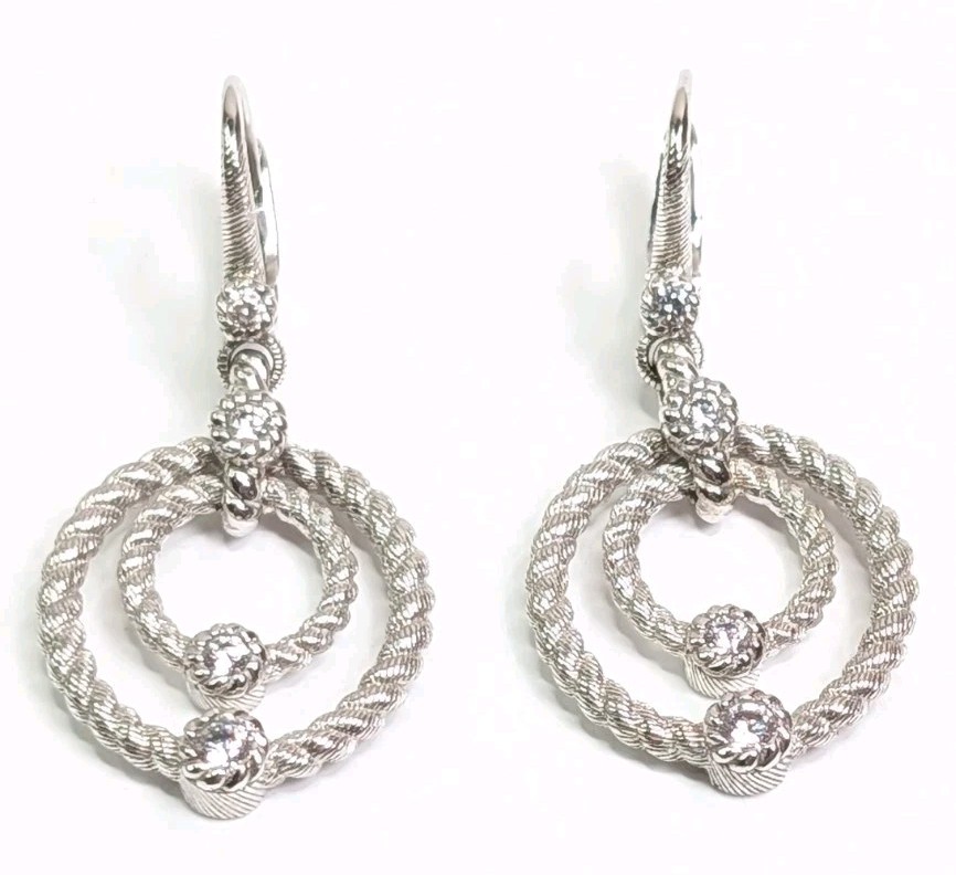 Judith Ripka Dangle Earrings Double Circle Drop CZ Sterling Silver Lever Back