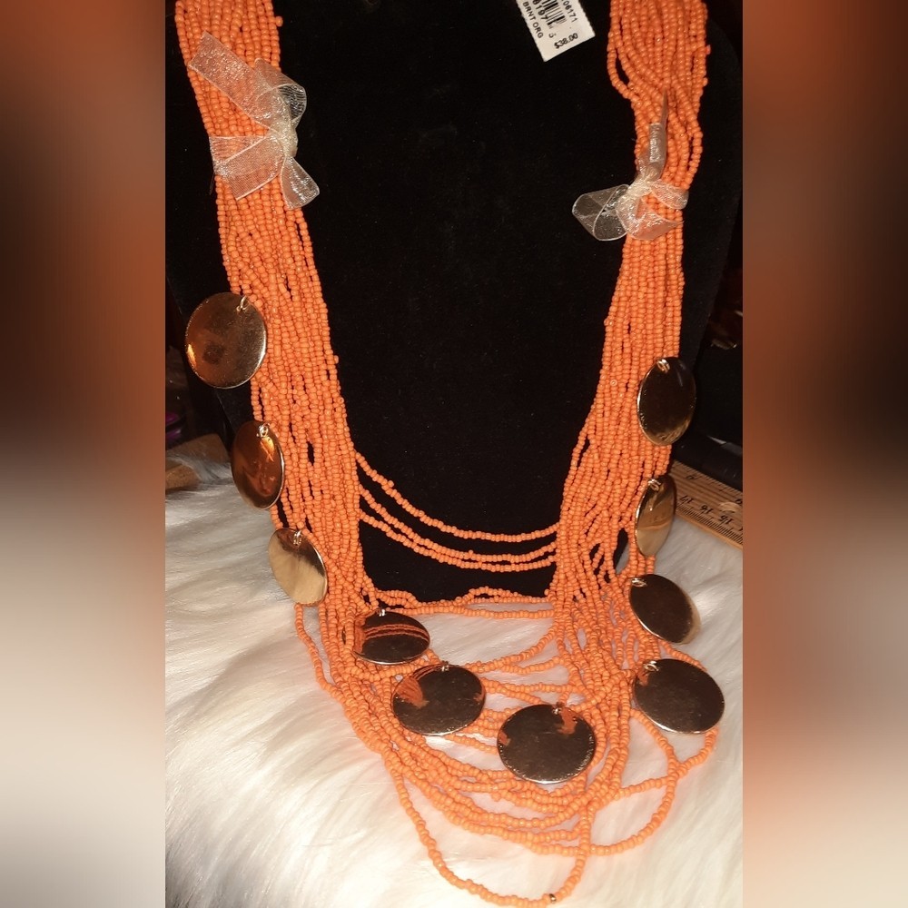 NEW burnt orange multistrand seed bead and goldtone disk necklace