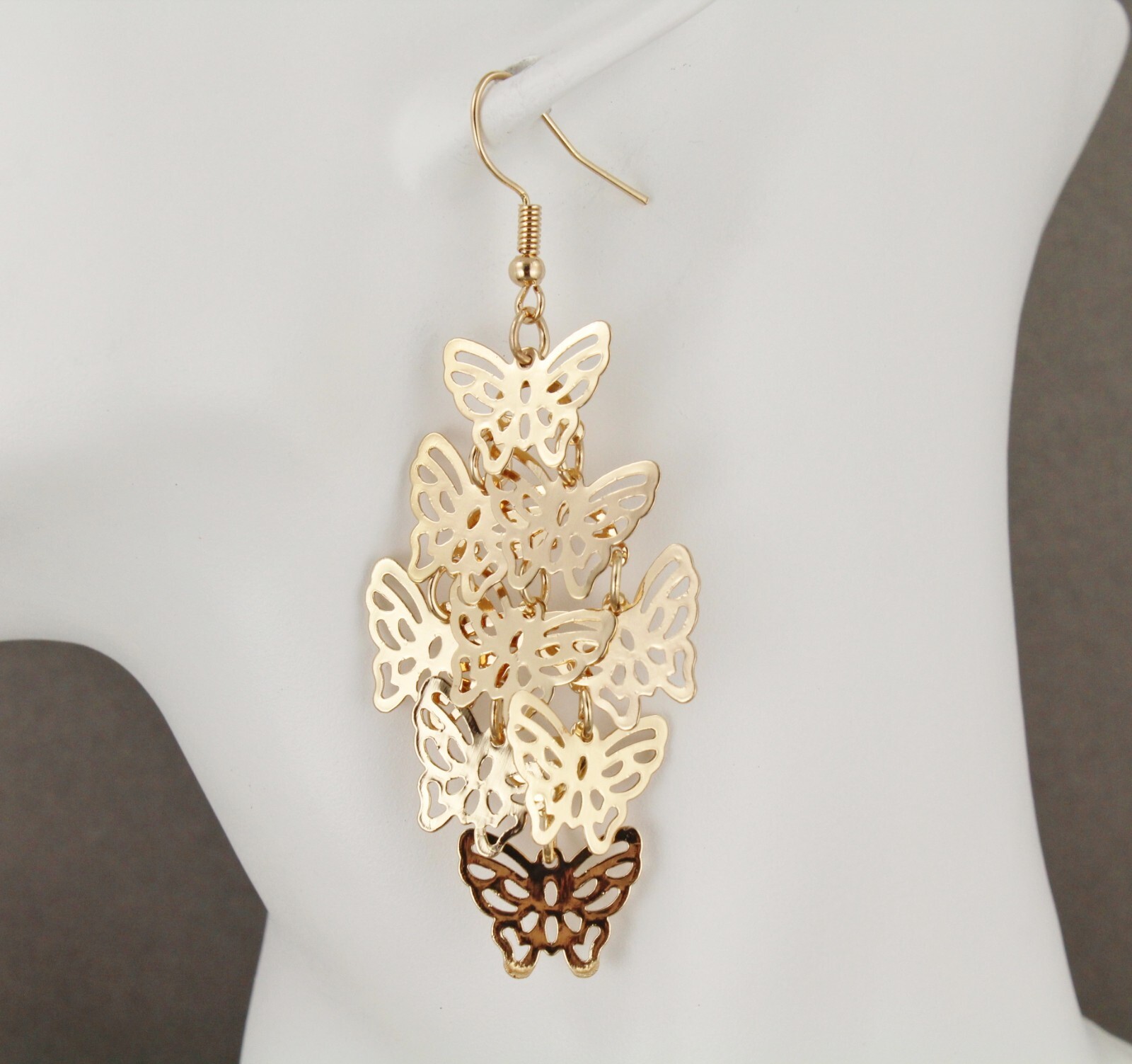 Gold chandelier earrings filigree butterfly dangle pendant wiggly 3″ long