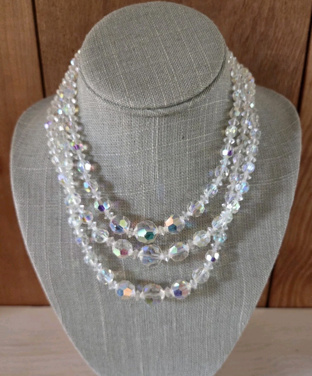 Vtg Multi Strand Aurora Borealis Necklace Faceted 15 In Crystal Flower Clasp AB
