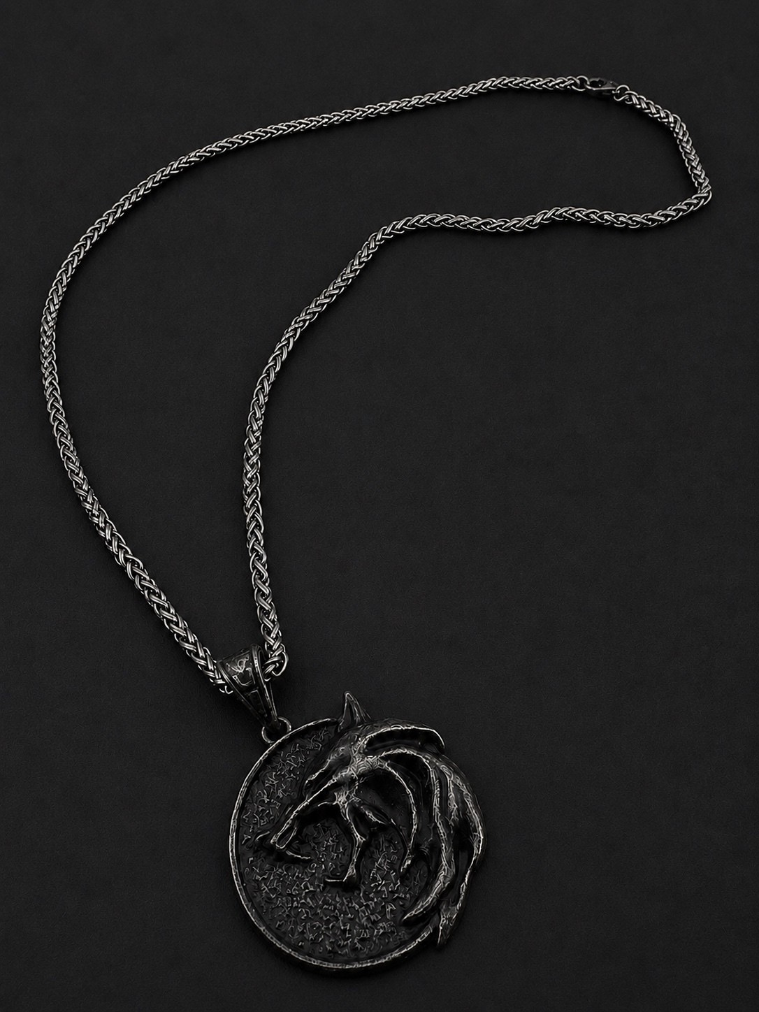 Viking Wolf Head Pendant Necklace in Aged Black