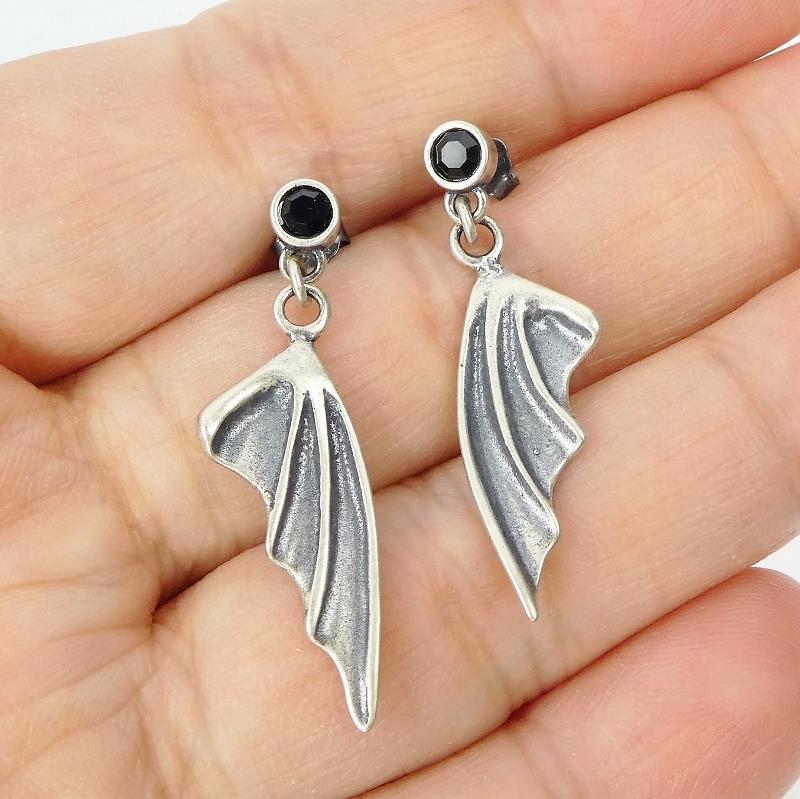 Handmade Black Crystal 925 Sterling Silver Bat Wing Drop Earrings Unique Gothic