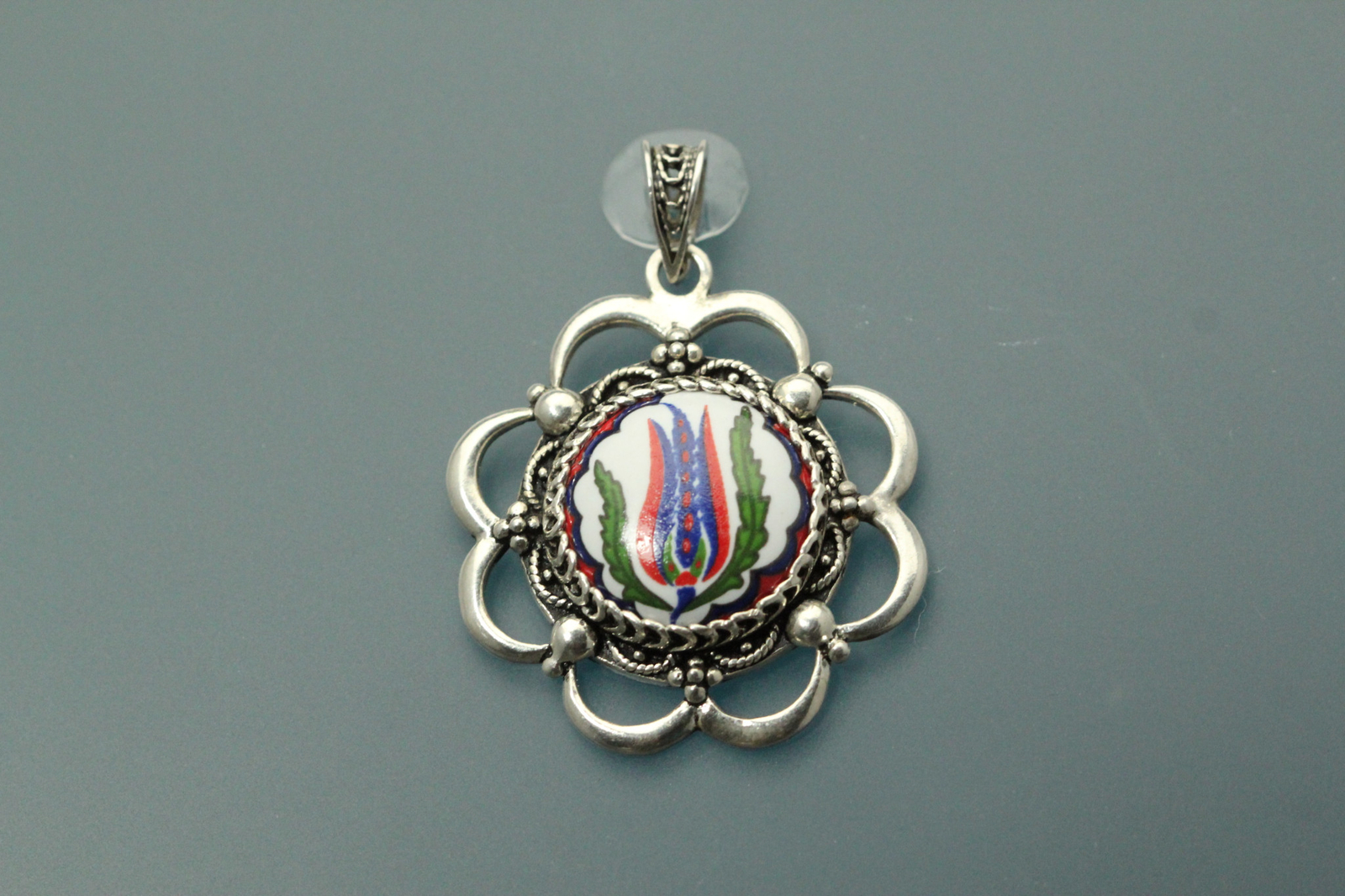 925 Sterling Silver Round Painted Stone Pendant 11.3 Grams (PEN9372)