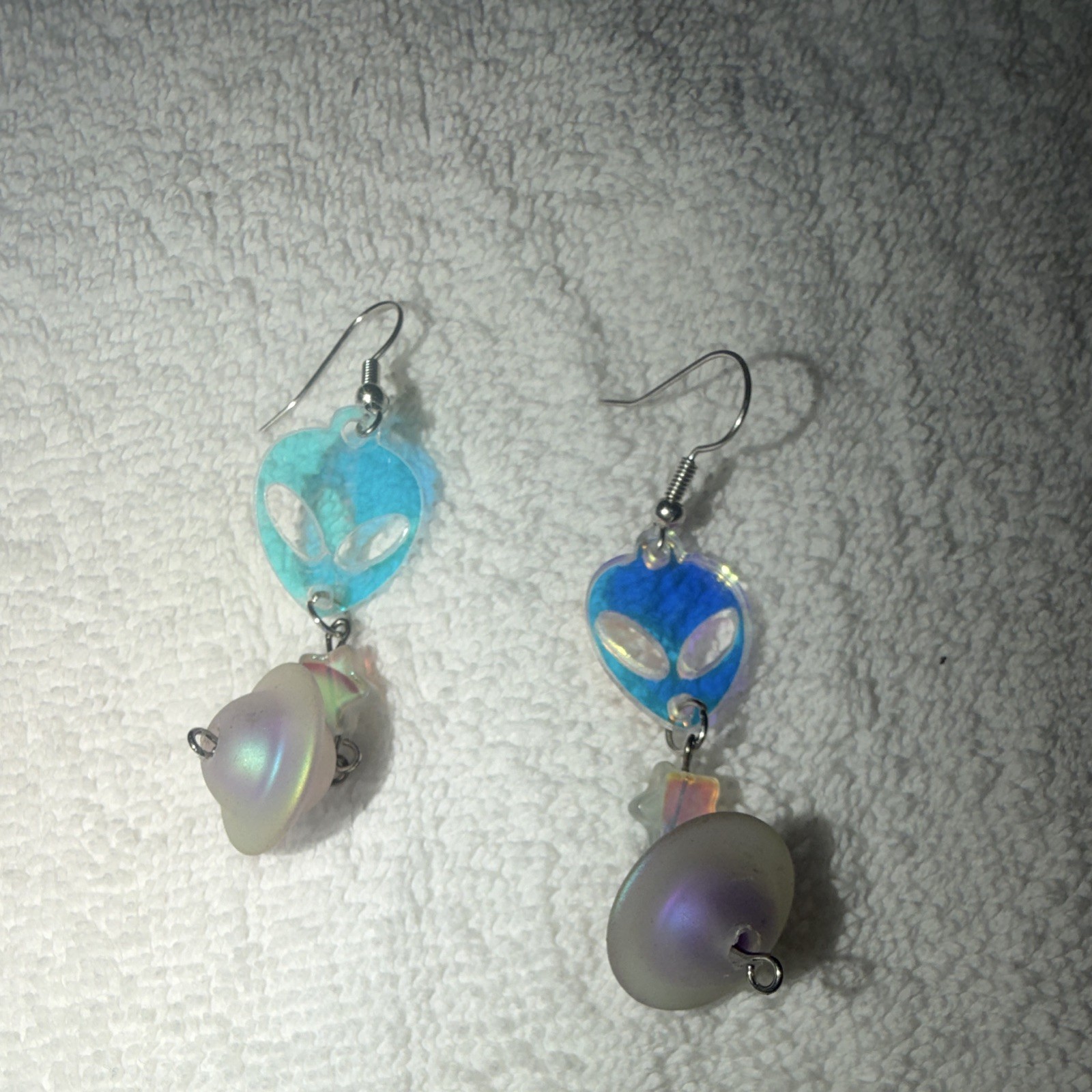 Blue Alien Head & UFO Beaded Dangle/Drop Hook Earrings Plastic/Metal No Stone