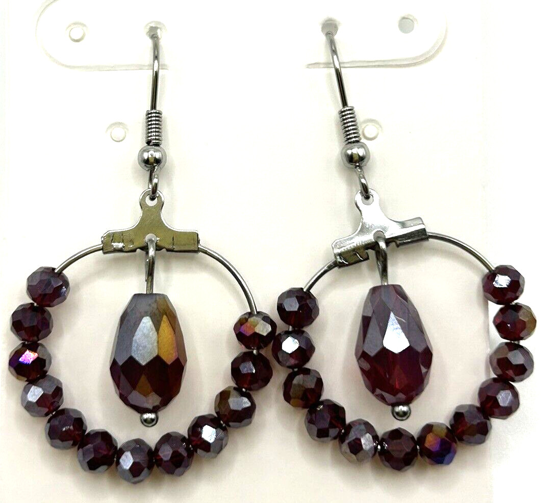Gorgeous Deep RED Aurora Borealis Glass Beaded Stainless Steel HOOP Earrings