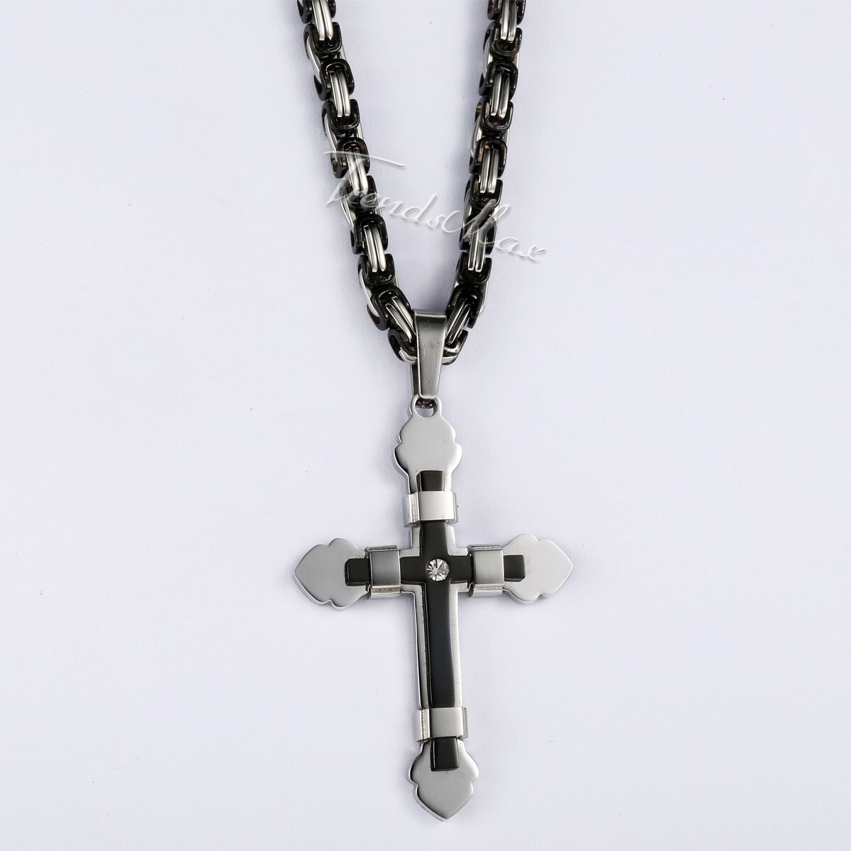 18-30″ Mens Stainless Steel Chain Necklace Cross Pendant Black&Silver Byzantine