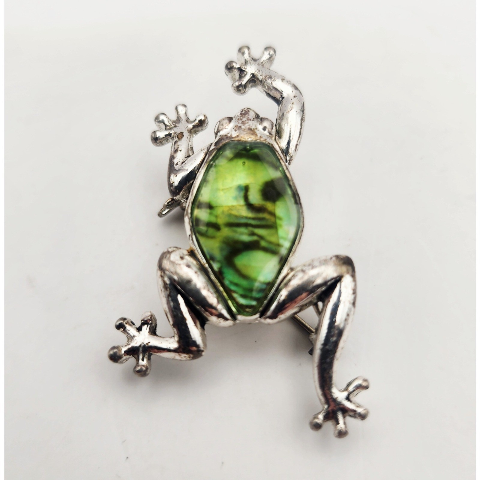 Silver Tone Frog Brooch Green Inlay Pin Reptile Animal Jewelry