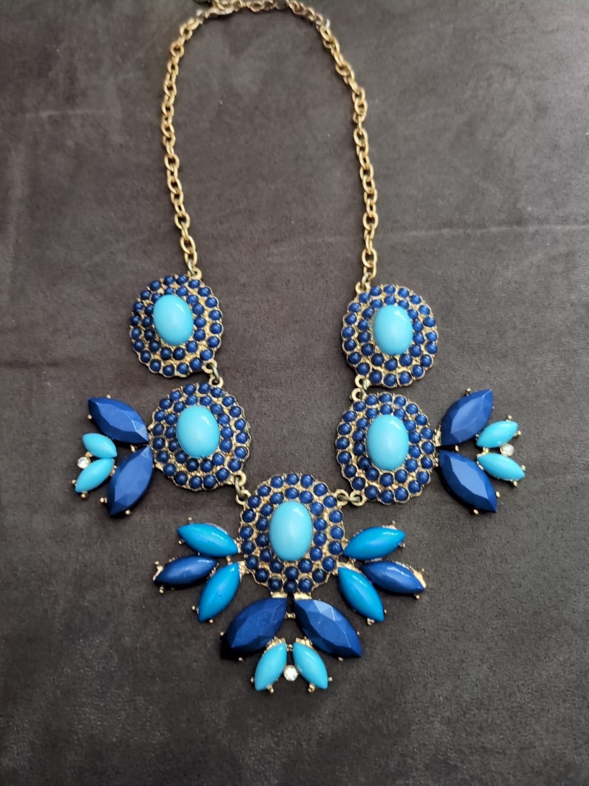 Statement Bib Necklace In Multi Blue Colors Beaded 21″