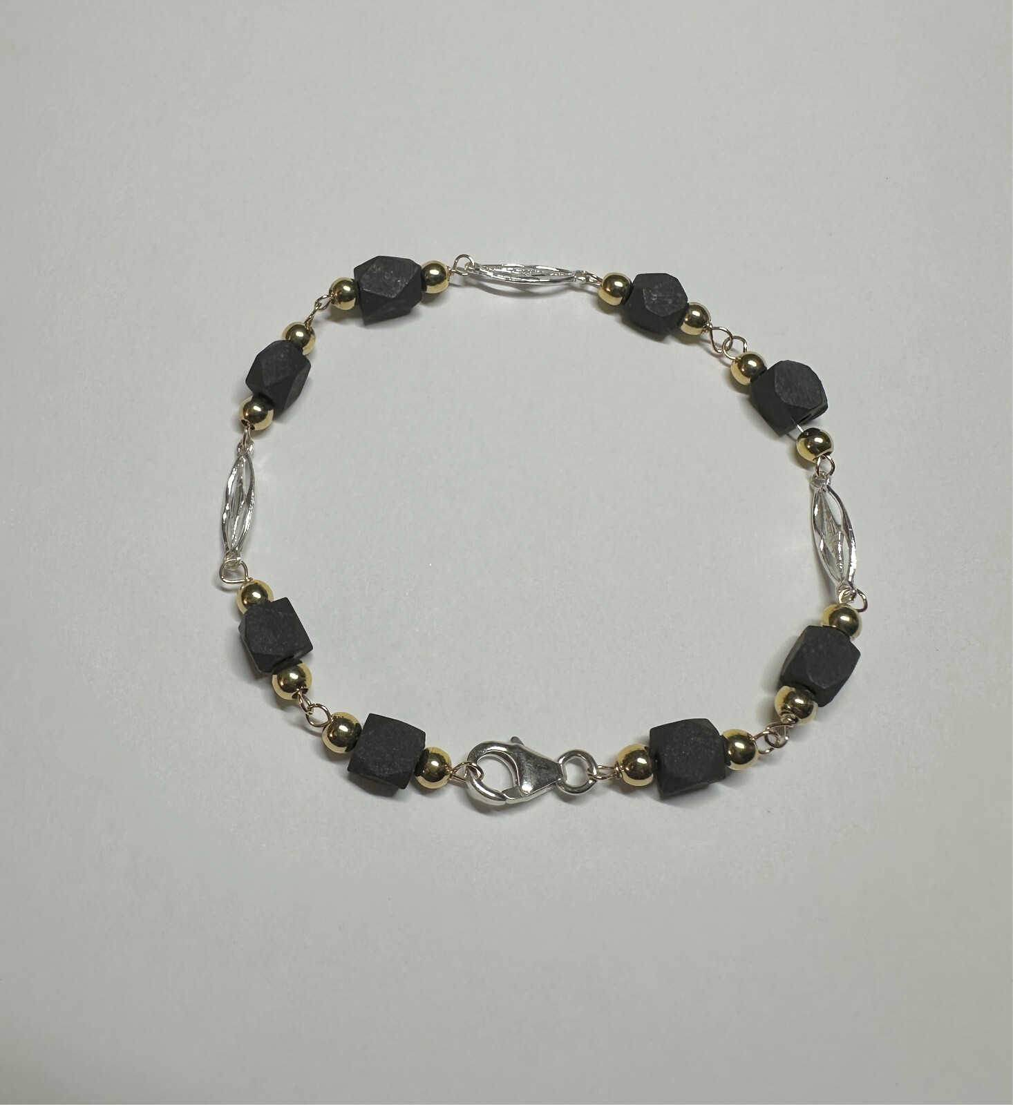Sterling Silver & 14K Yellow Gold Filled Genuine 6mm Azabache Filigree Bracelet