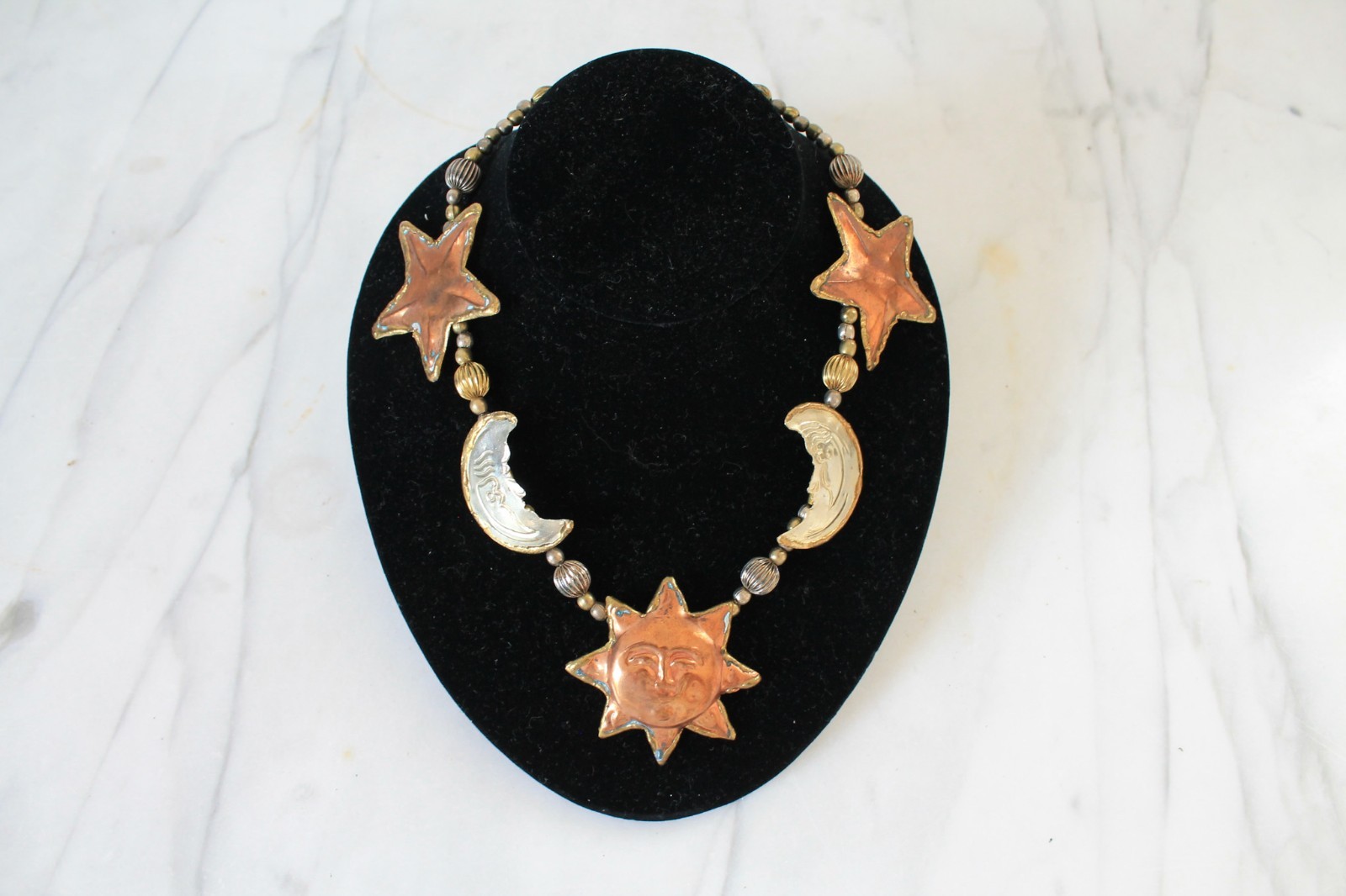 Vintage Handmade Sun Moon & Stars Necklace Celestial Brass Boho Chunky