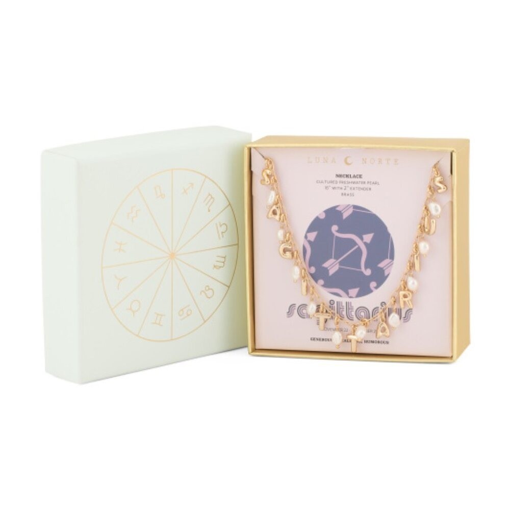 NWT LUNA NORTE Sagittarius Gold Tone Astrology Pearl Letter Necklace w/ Gift Box