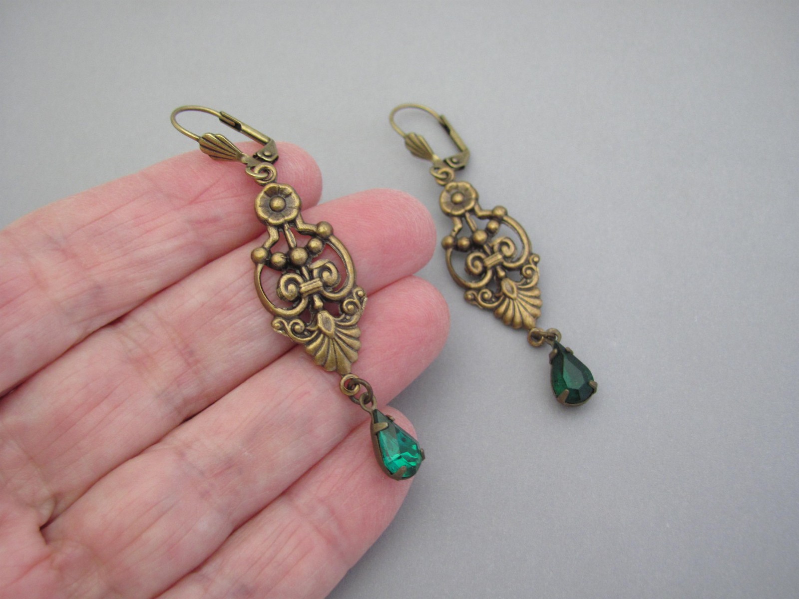 Art Deco Earrings Design Emerald Green Crystal Bohemian Antiqued Brass Long