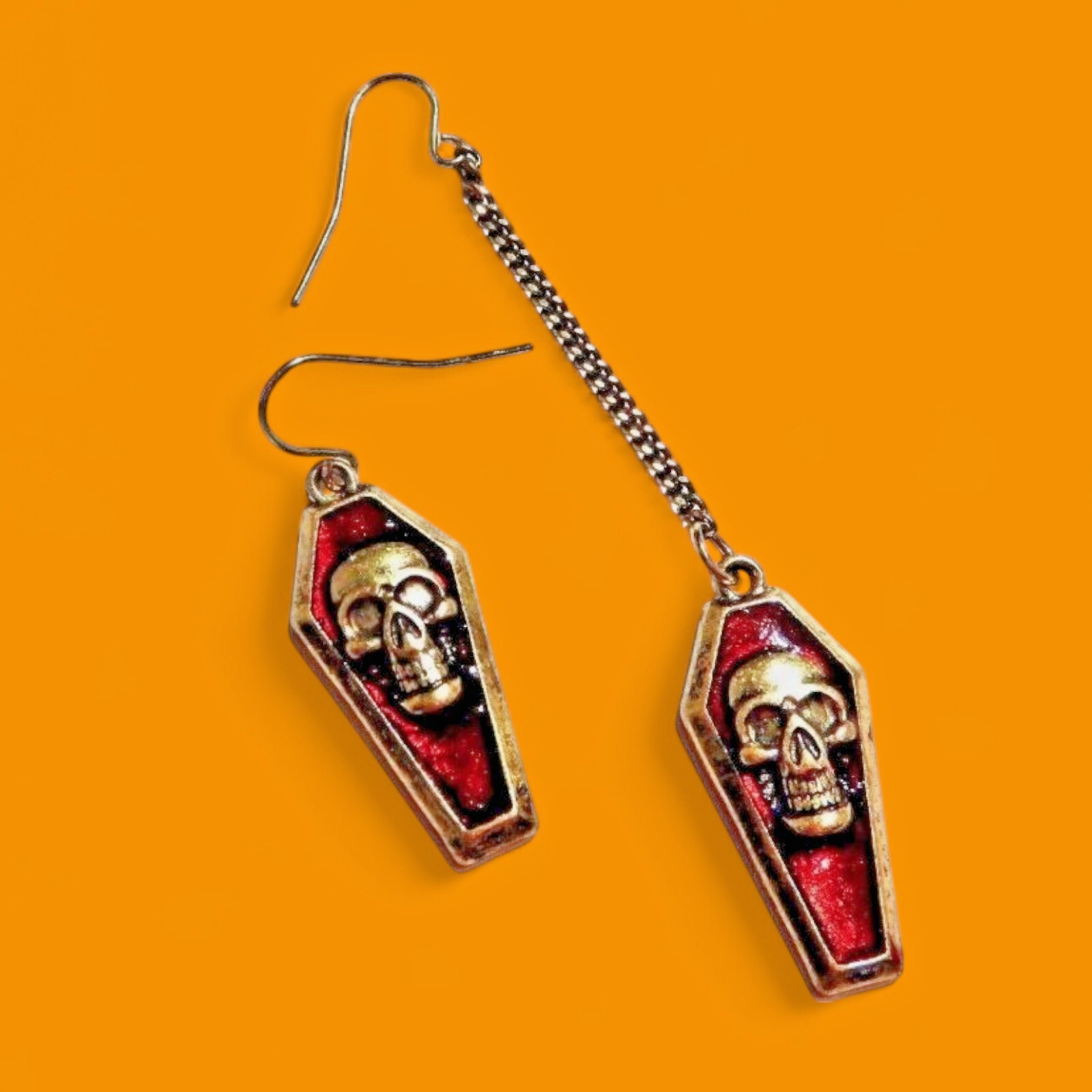 ASYMMETRIC HYPOALLERGENIC BRONZE COFFIN EARRINGS skull red gothic halloween F6