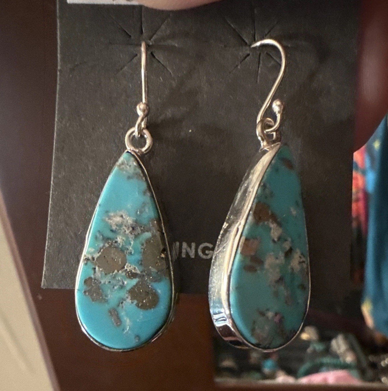 Turquoise Teardrop Dangle/Drop Earrings Hook Closure Bezel Set Blue Silver