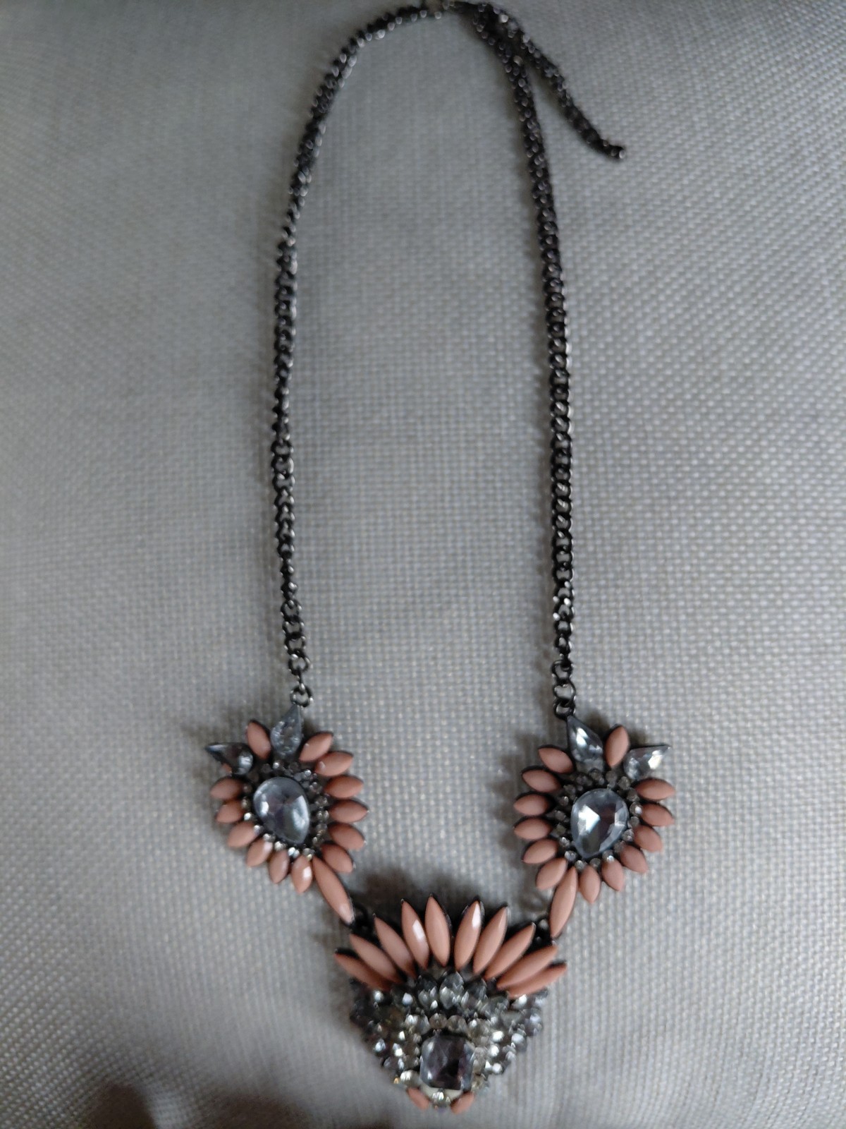 Amrita Singh Peach & Crystal Floral Statement Bib Necklace Gunmetal Chain