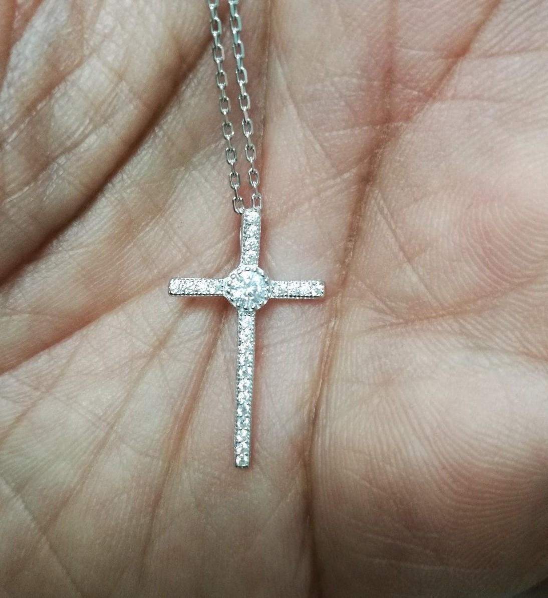 Cross Pendant Necklace with Simulated Diamond in Sterling Silver 14K Gold Plated