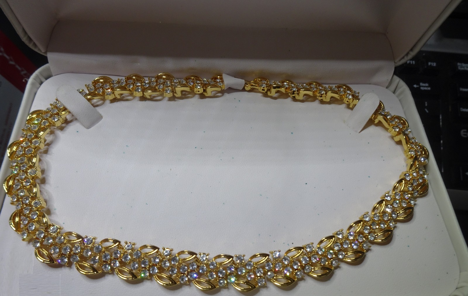 Macy’s Crystal Gold Tone Necklace, Brand New, 15″