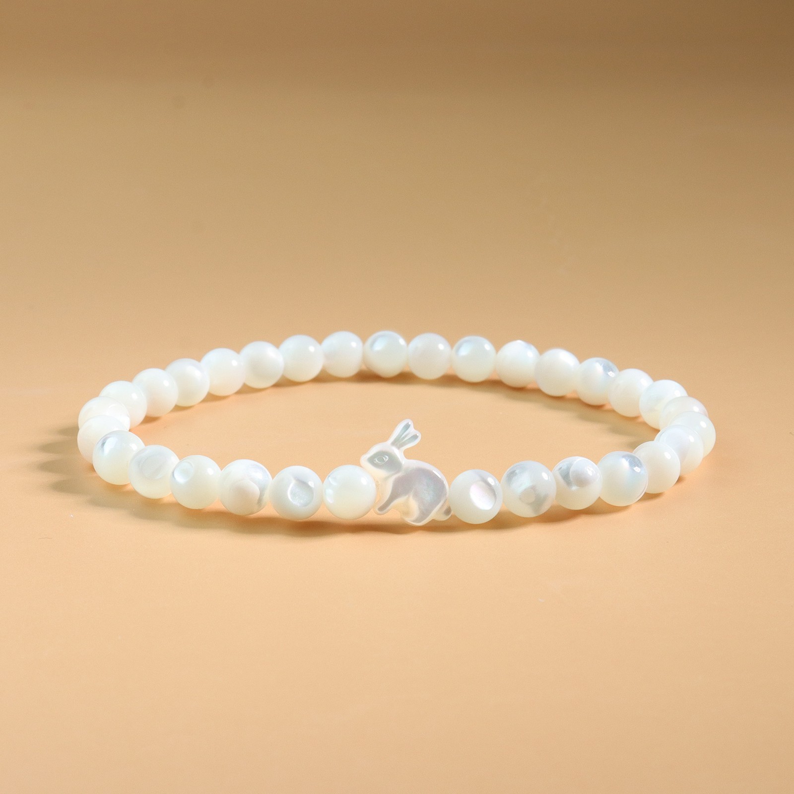 Natural 6mm Mother of Pearl Bunny Beaded Bracelet Minimalist Easter Jewelry Gift