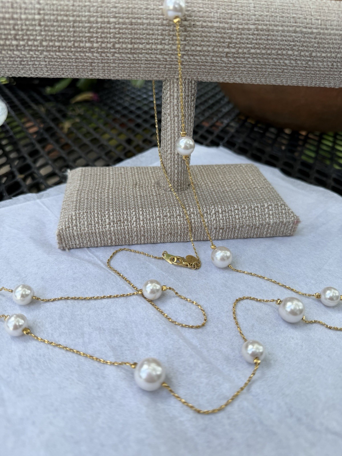 Premier Designs Gold Tone Station Chain Necklace, White Faux Pearls, Signed