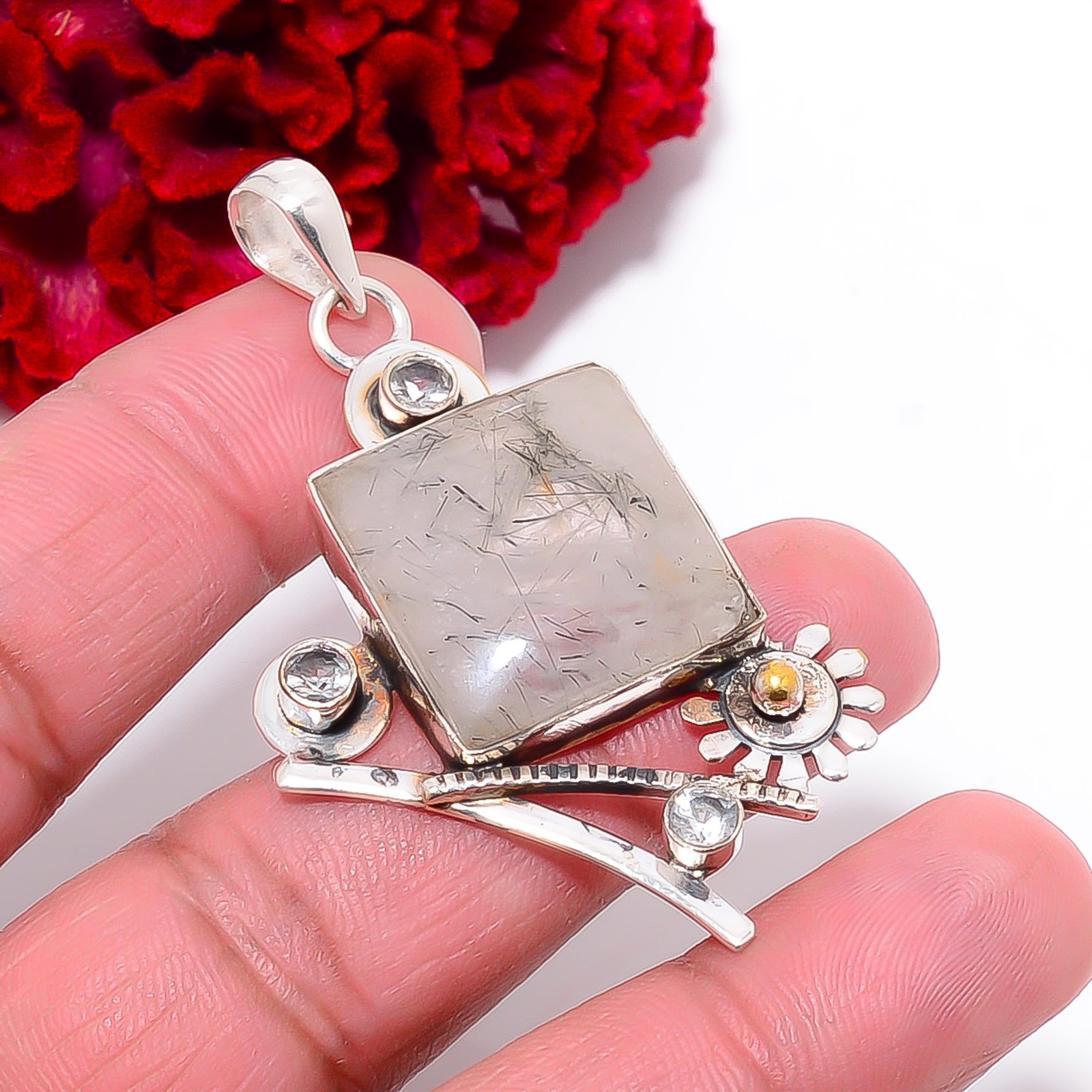 Black Rutilated Quartz – Brazil & White Topaz 925 Silver Pendant 2.34″ P10179950