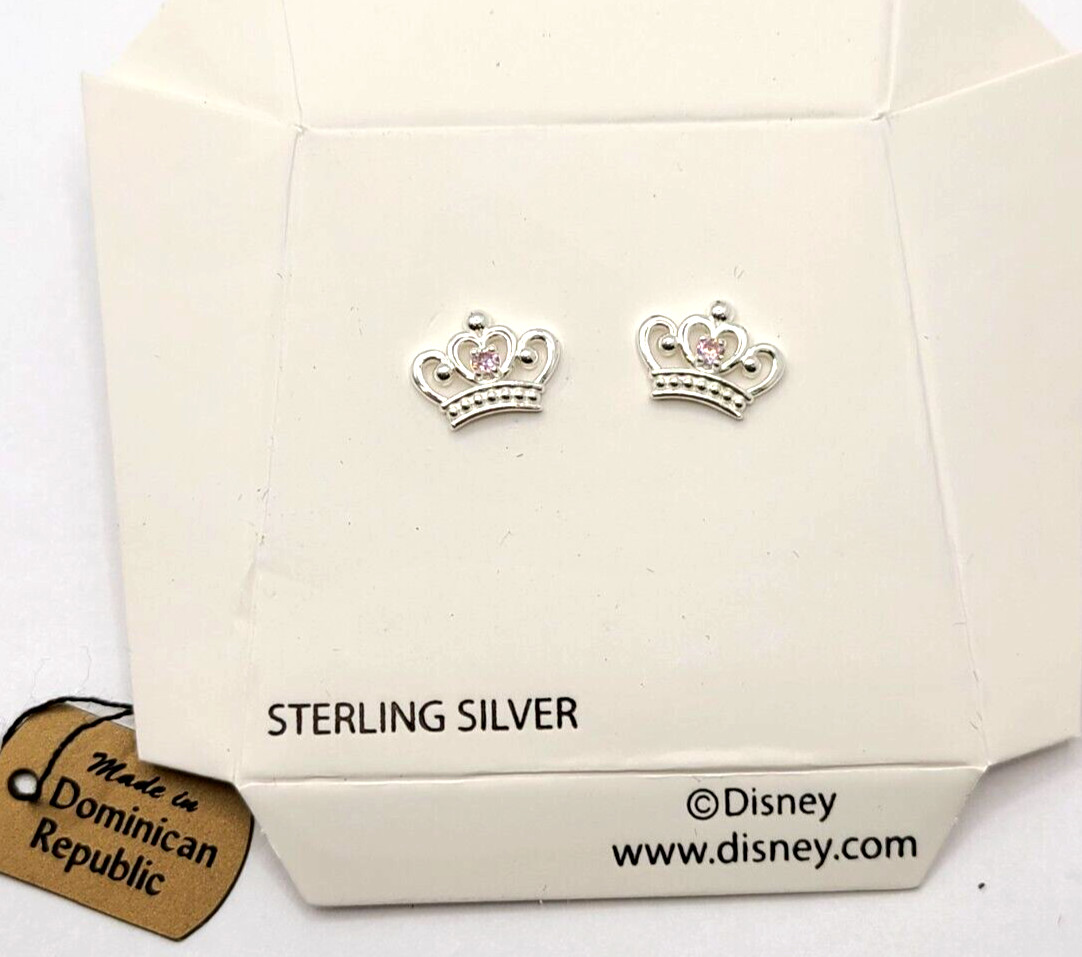 Disney Sterling Silver Pink CZ Princess Crown/Tiara Pierced Earrings NO BOX