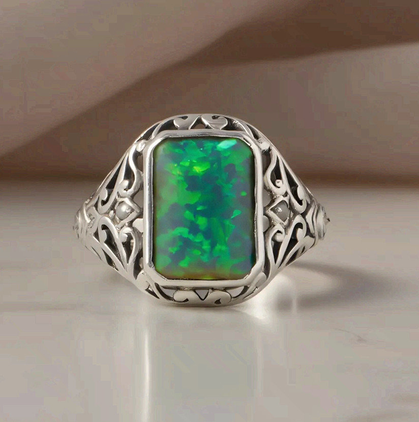 Stainless Steel Green Opal Statement Ring Filigree Band Handmad