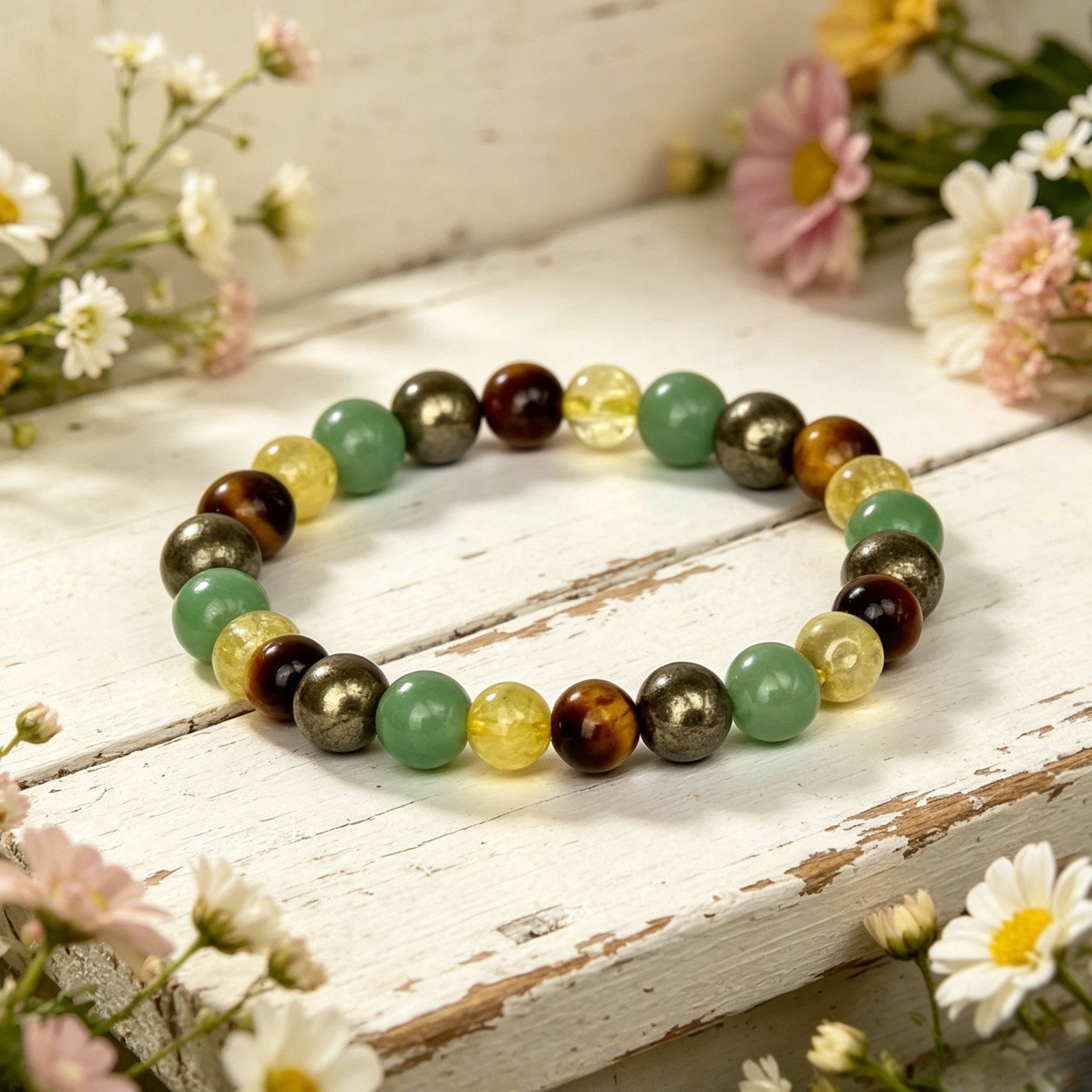 Tiger Eye Green Aventurine Citrine Pyrite Beaded 8mm Stretch Lucky Bracelet Gift