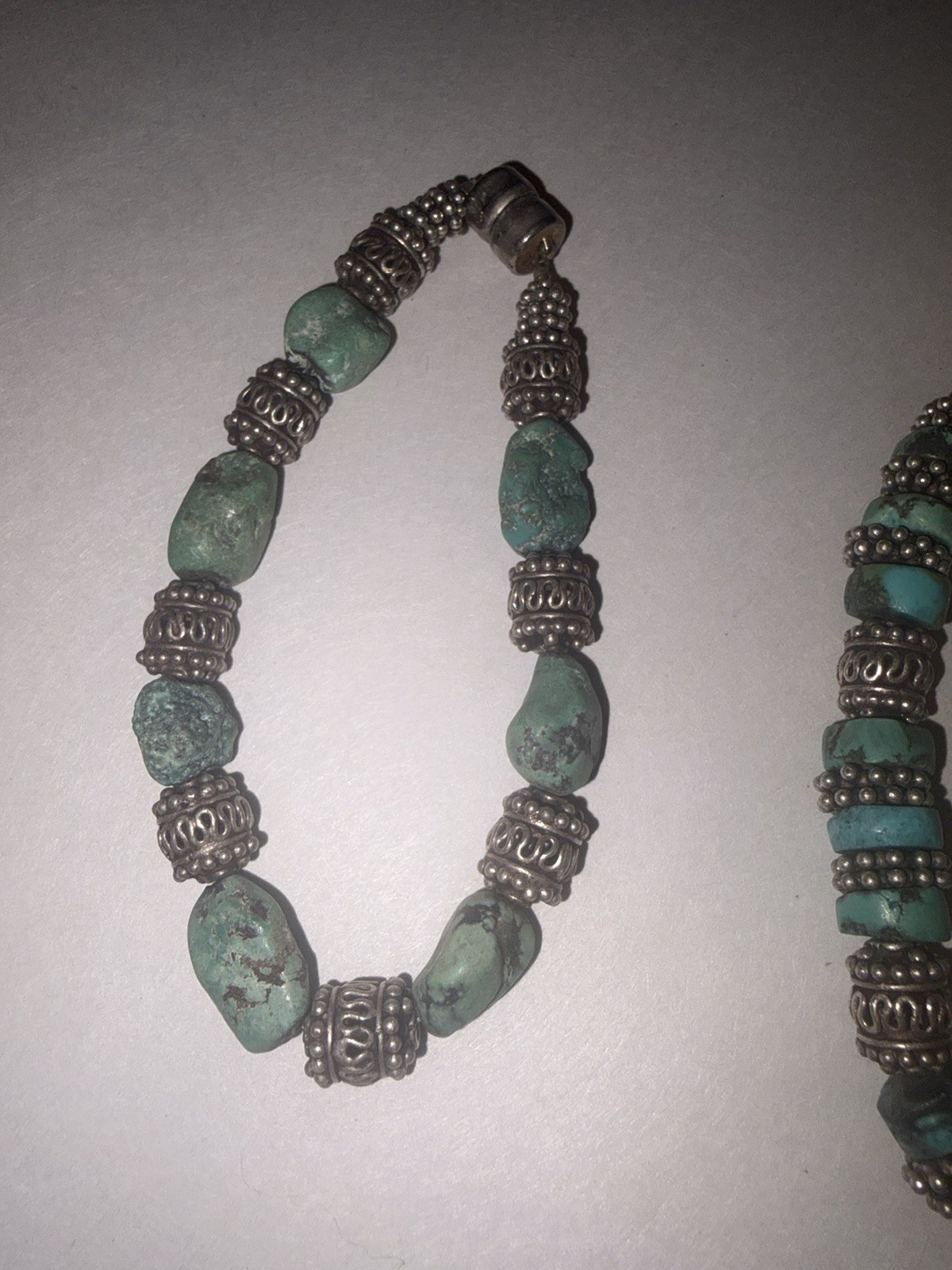 Turquoise Stone Bracelet Set of 2 Silver Tone Beaded Magnetic Clasp Boho