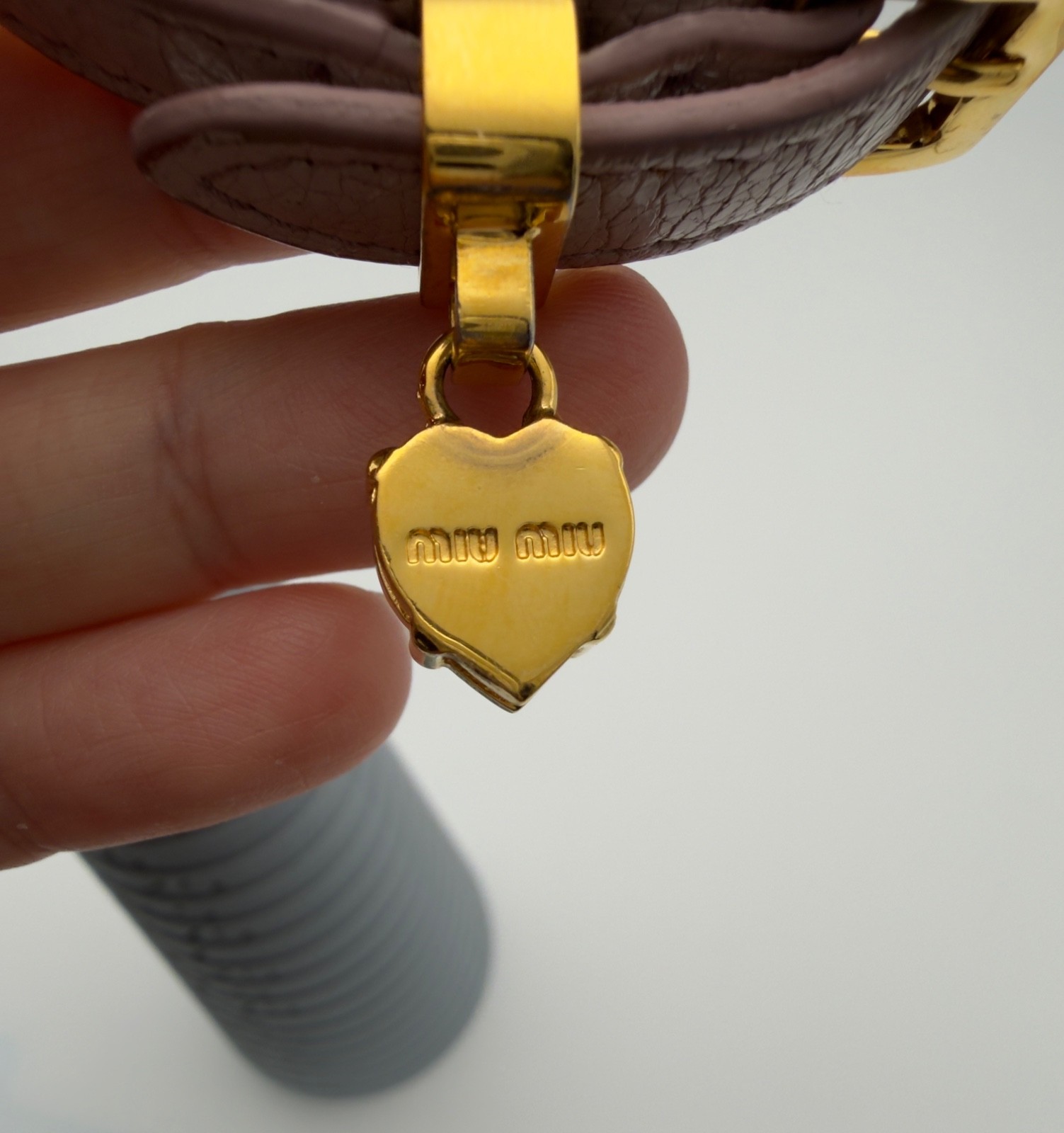 Authentic Miu Miu Pink Beige Leather Bracelet Crystal Charm Gold Tone Hardware