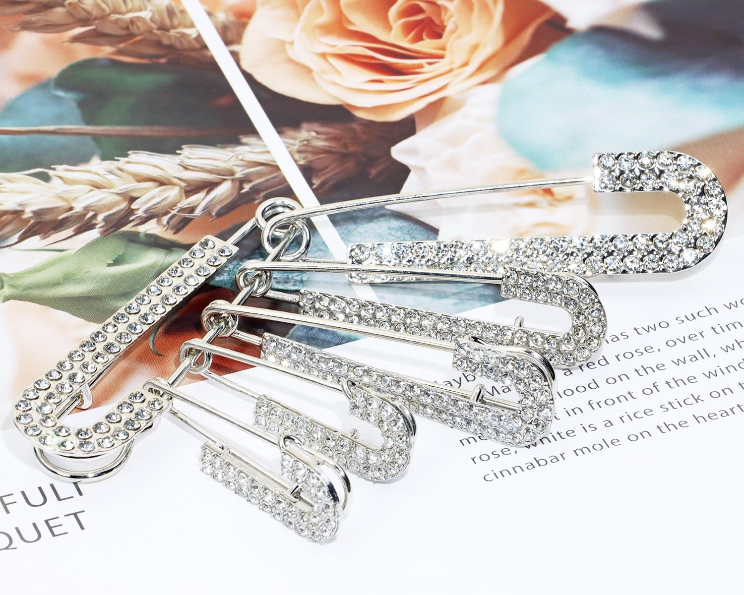 Penta Angel Rhinestone Safety Pins 6Pcs Faux Crystal Brooch Clips for Silver