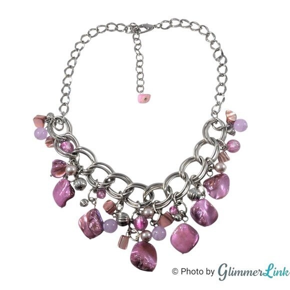Silver Tone Bib Necklace with Pink Shell Chips Faux Pearls and Acrylic Beads