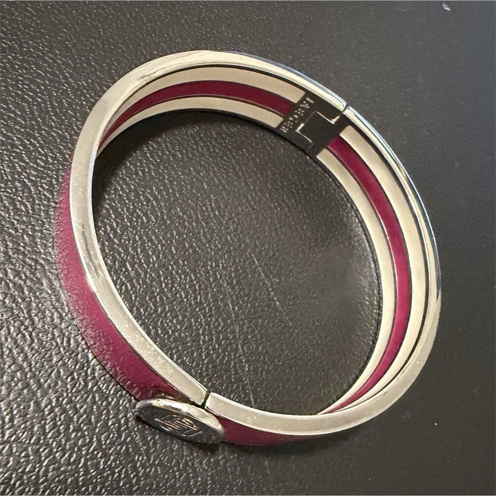 Jaeger Silver-Tone Pink & White Enamel Hinged Bangle Bracelet Signed