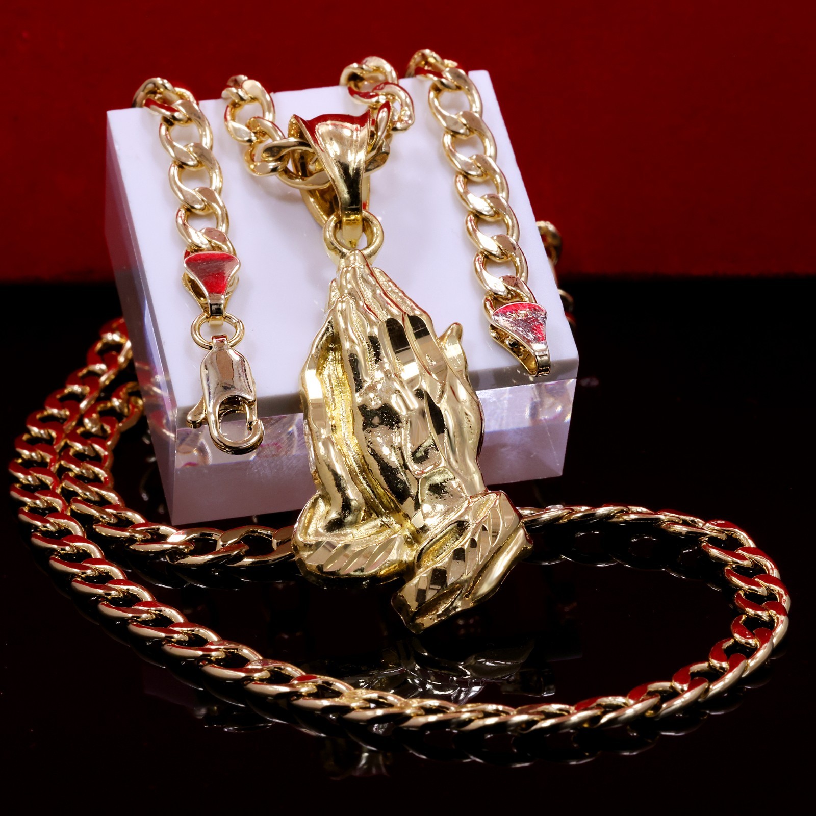 Jesus Prayer Hand 14k Gold Plated Charm Pendant 20″ Cuban Link Choker Chain 212
