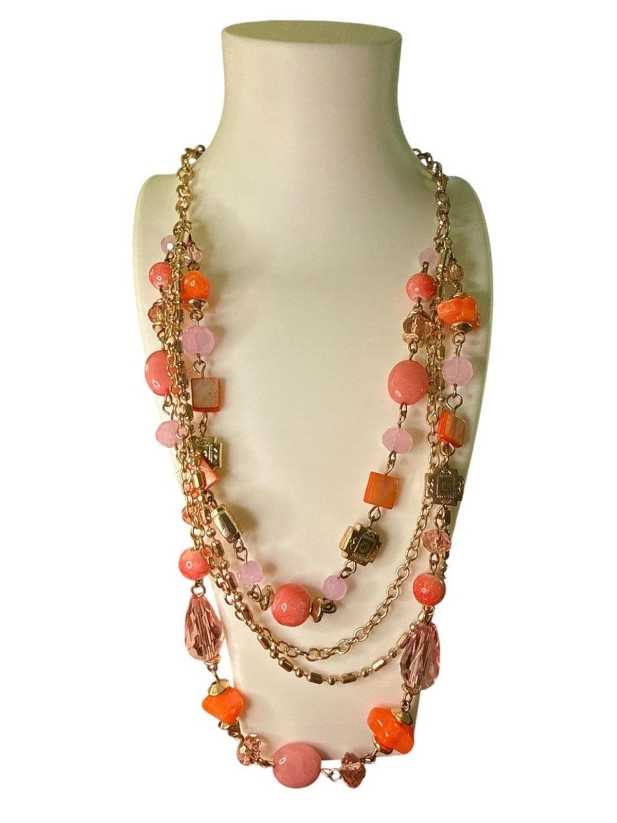 Multi-Strand Layered Statement Necklace – Gold Tone with Orange & Pink Beads