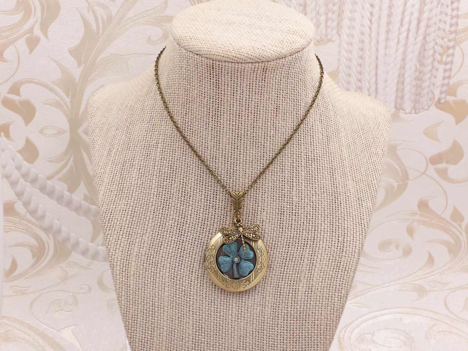 Clover and Dragonfly Locket Faux Verdigris Patina Shamrock Leaf Jewelry
