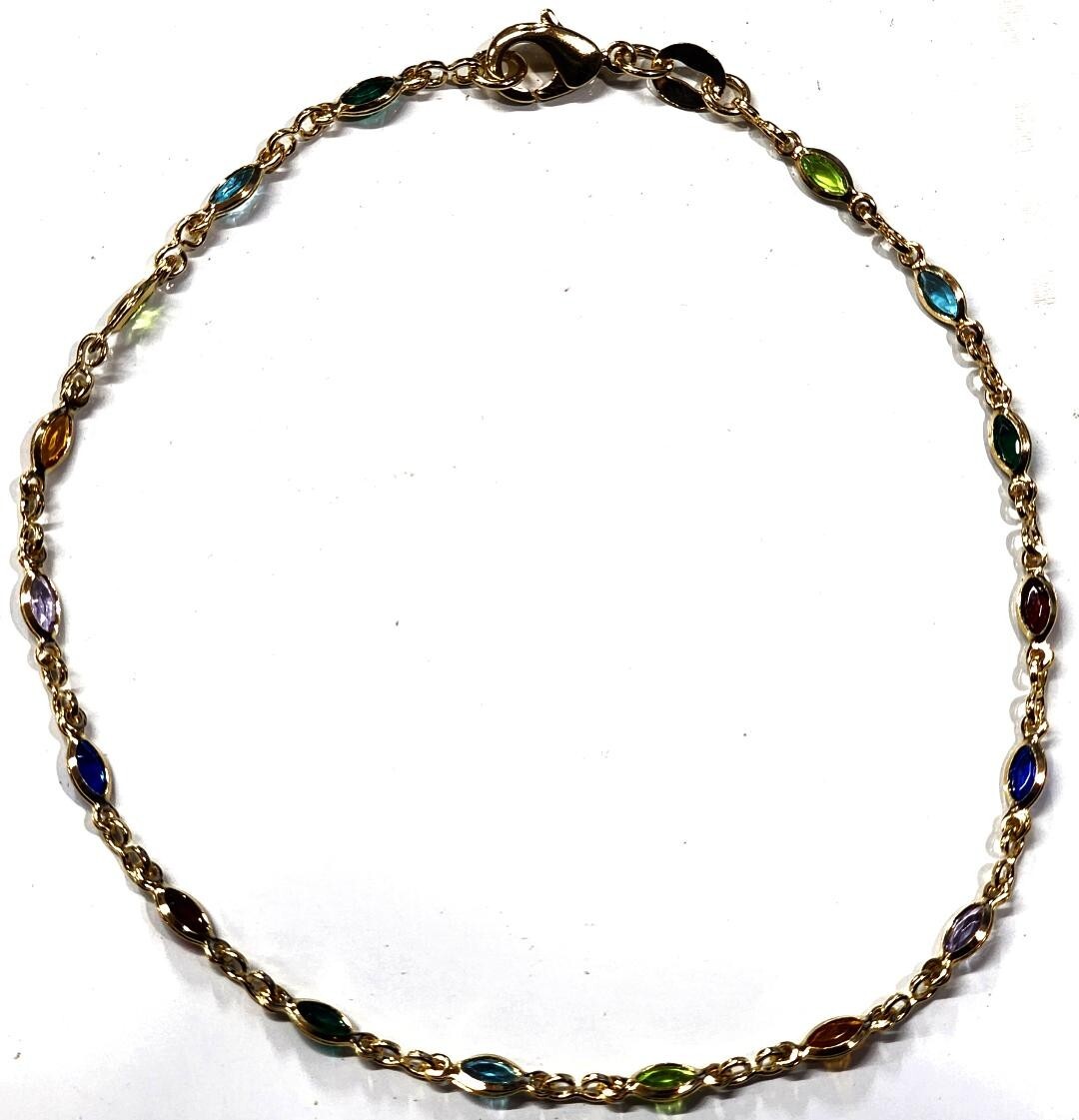 Ankle Bracelet Gold Filled with Colored Stones 9.75 inches Long new # 150