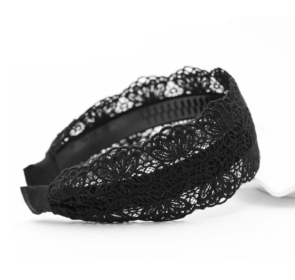 Fashion 2 Inch Wide Lace Headband Hair Band with 1 Count (Pack of 1), black