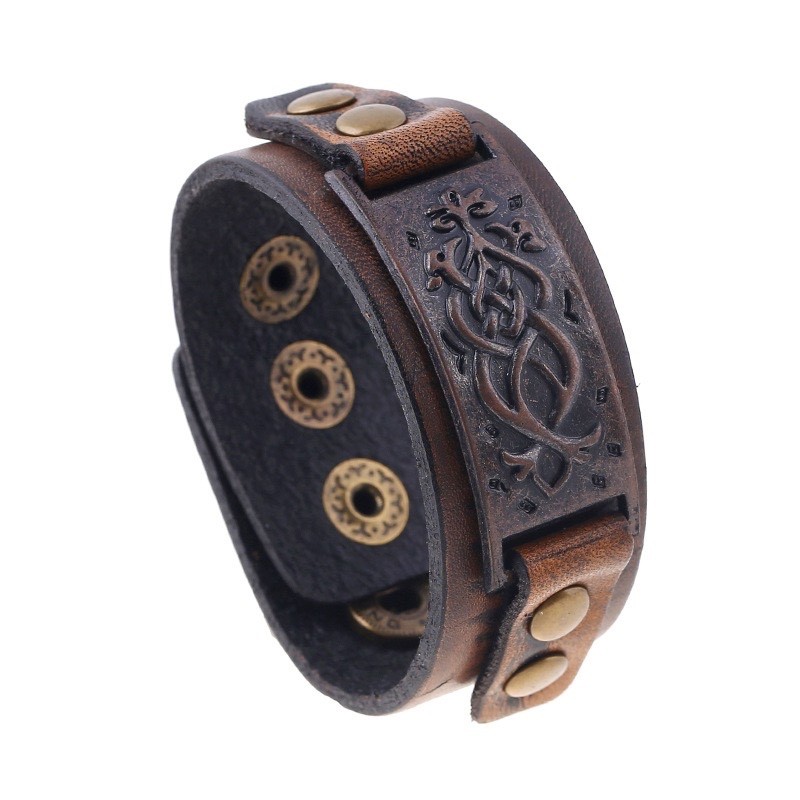 Retro Celtic Knot Leather Cuff Bracelet Viking Nordic Wristband Brown 22cm